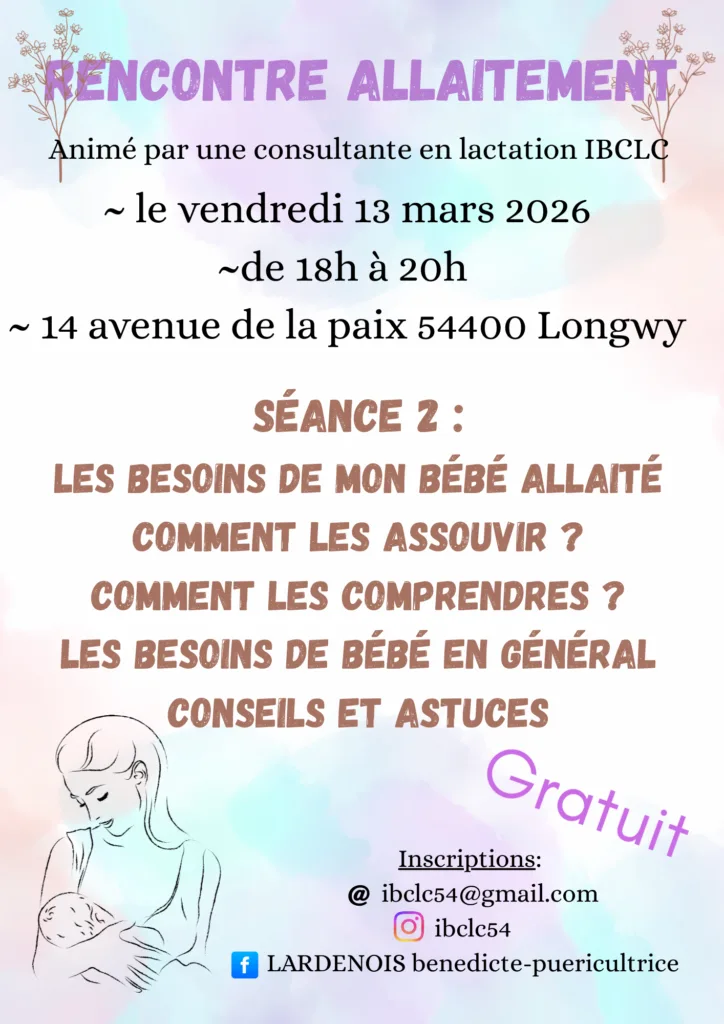 Affiche de l'atelier sur l'allaitement et les besoins du bébé, animé le 13 mars 2026 par une consultante IBCLC à Longwy.