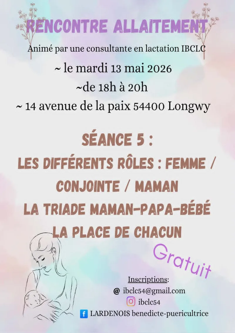 Affiche de l'atelier sur l'allaitement, les rôles de la femme et la place du coparent dans la triade familiale, animé le 13 mai 2026 par une consultante IBCLC à Longwy.