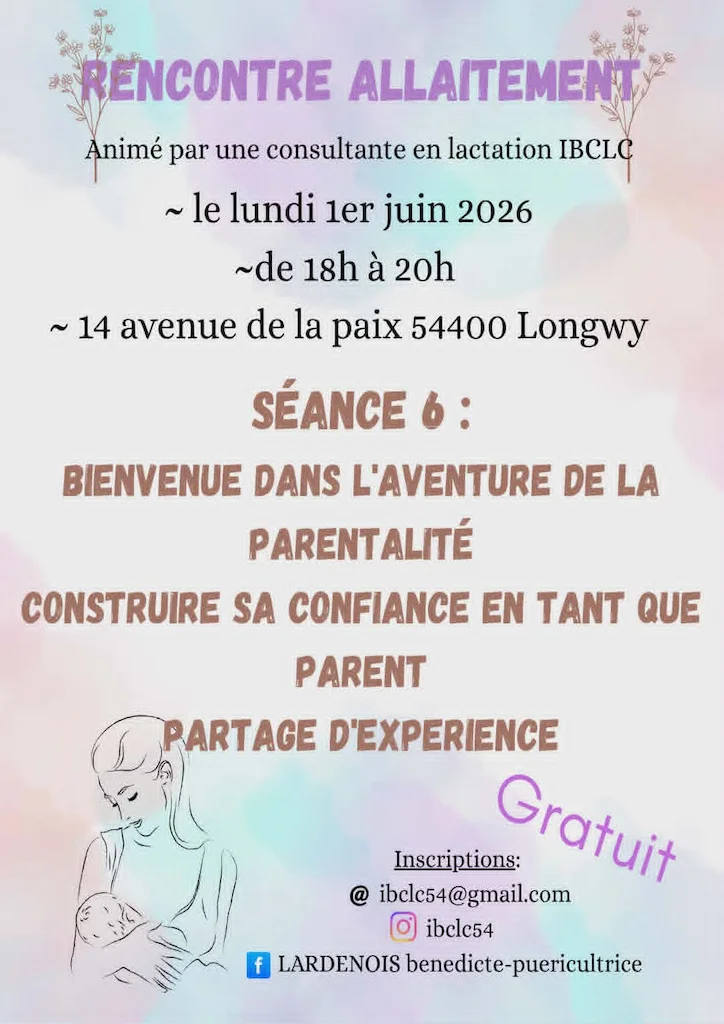 Affiche de l'atelier sur l'allaitement, l'aventure de la parentalité, animé le 1er juin 2026 par une consultante IBCLC à Longwy.